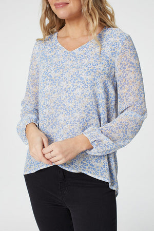 Blue | Ditsy Print Long Sleeve Blouse