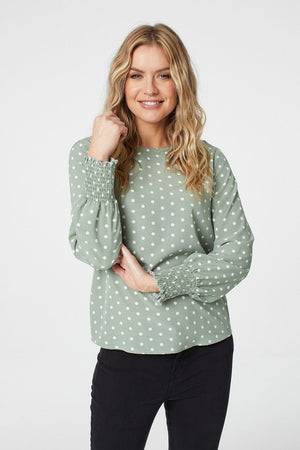 Green | Polka Dot Long Sleeve Blouse