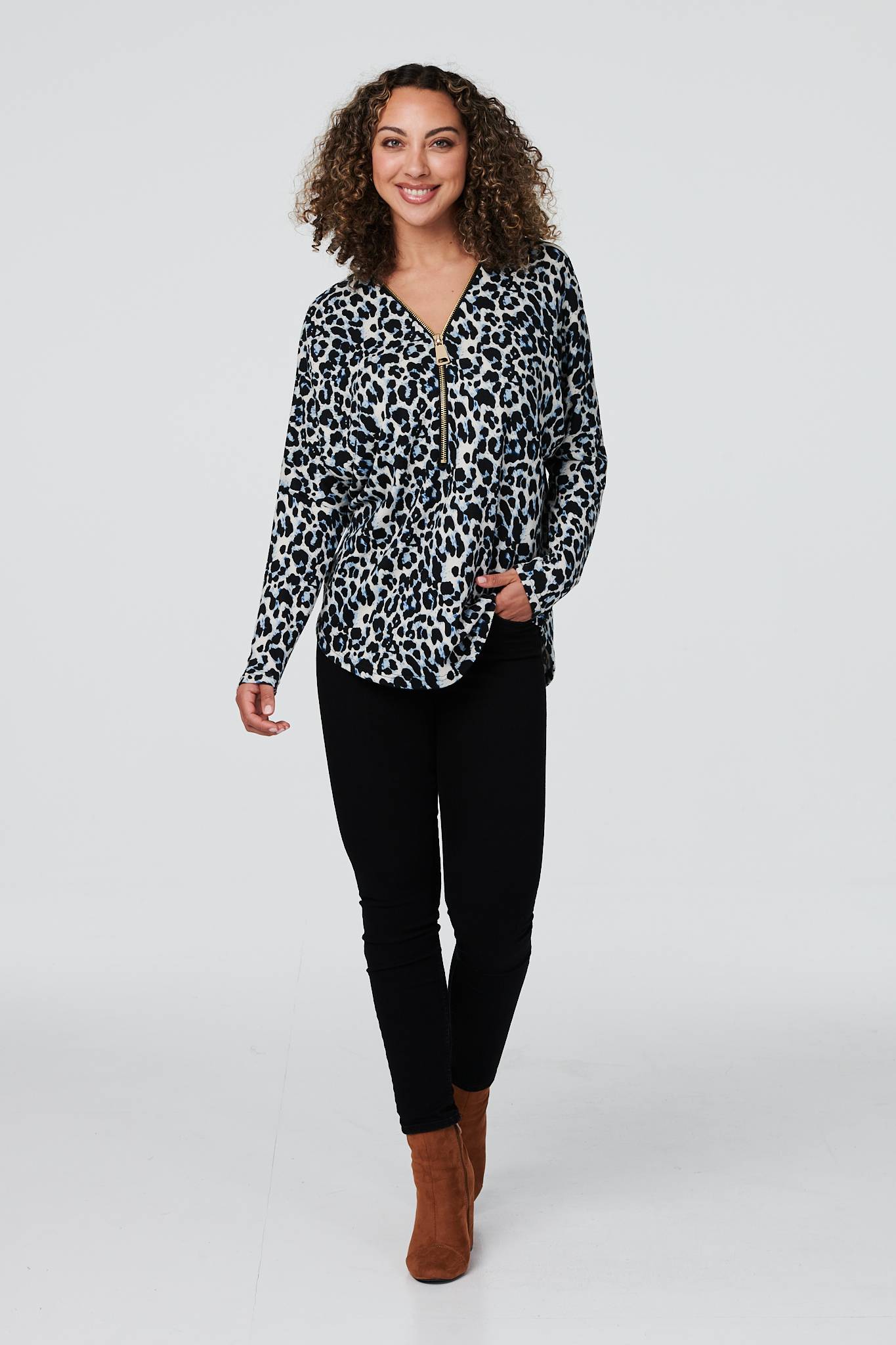 Blue | Animal Print Zip Front Jumper