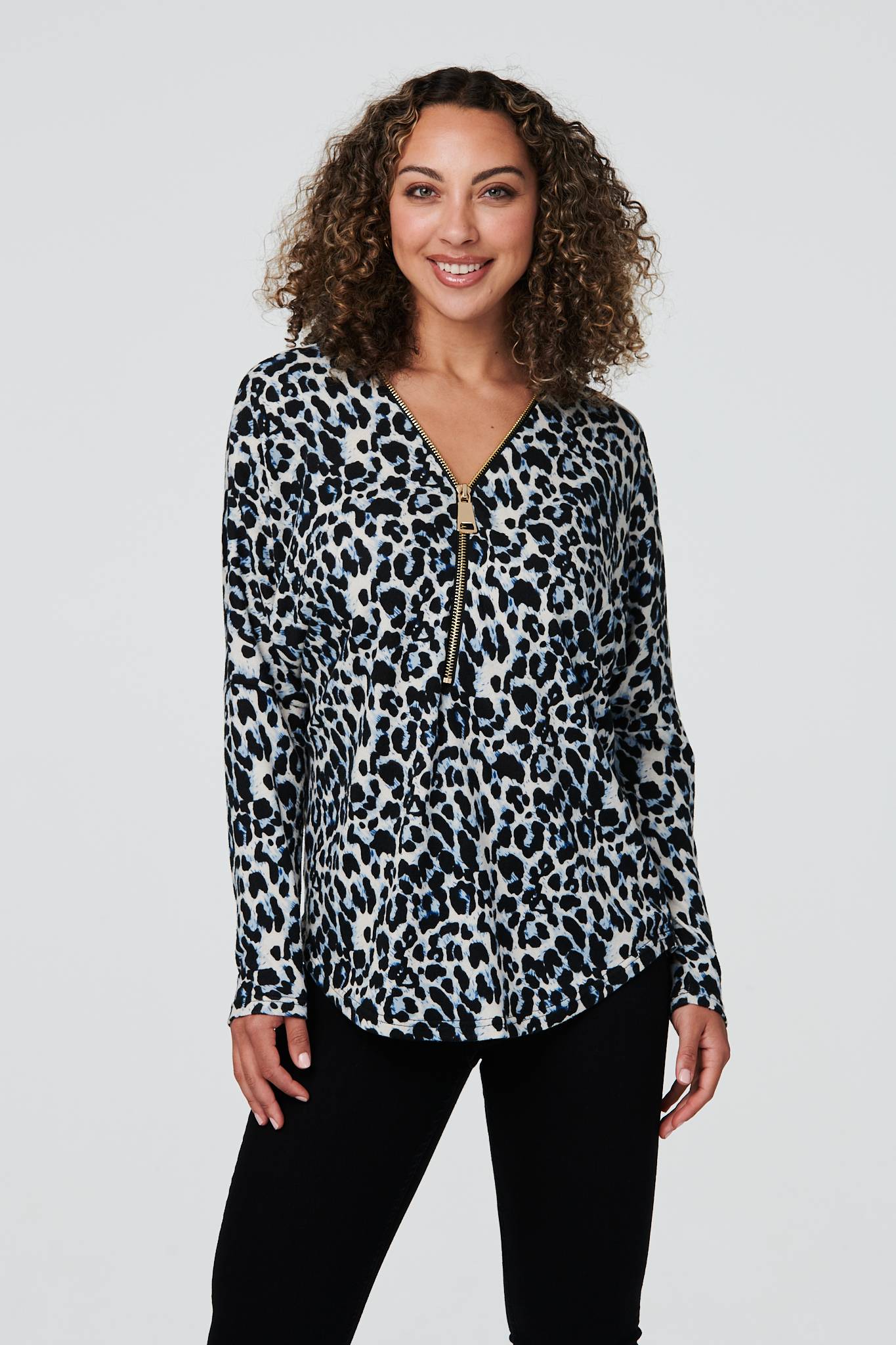 Blue | Animal Print Zip Front Jumper