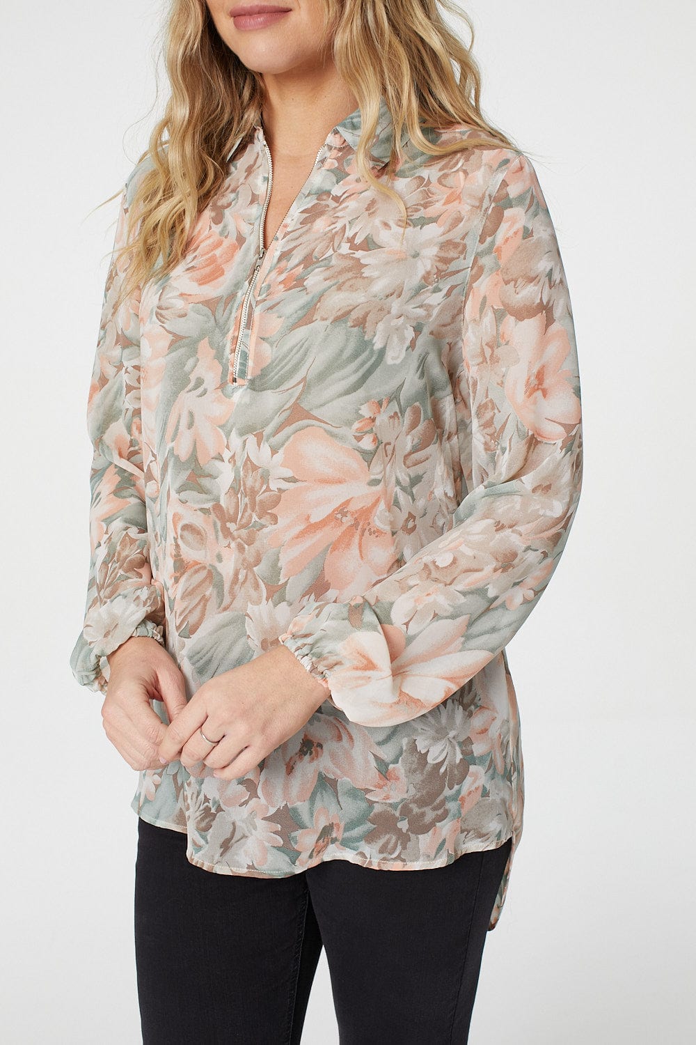 Green | Floral Semi Sheer Blouse