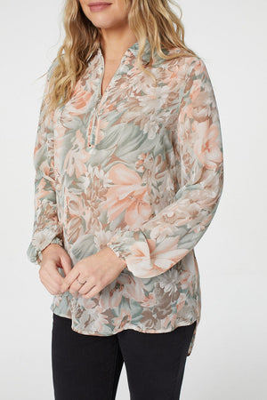 Green | Floral Semi Sheer Blouse