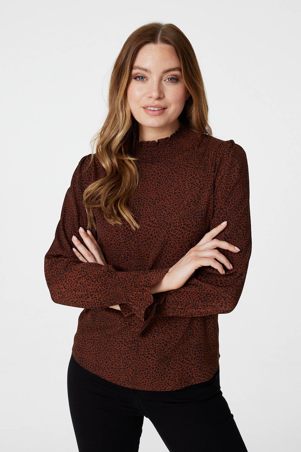 Brown | Ditsy Print Long Sleeve Blouse