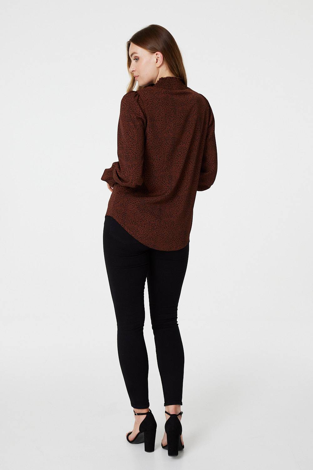Brown | Ditsy Print Long Sleeve Blouse