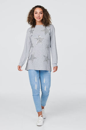 Grey | Star Print Relaxed Longline Jumper