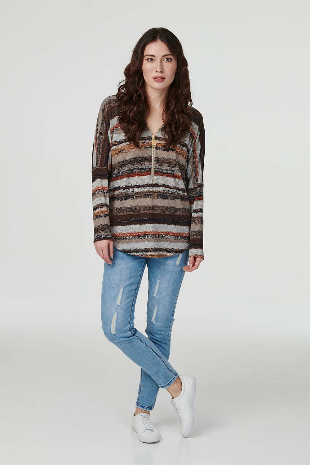 Brown | Striped Zip Front Jumper