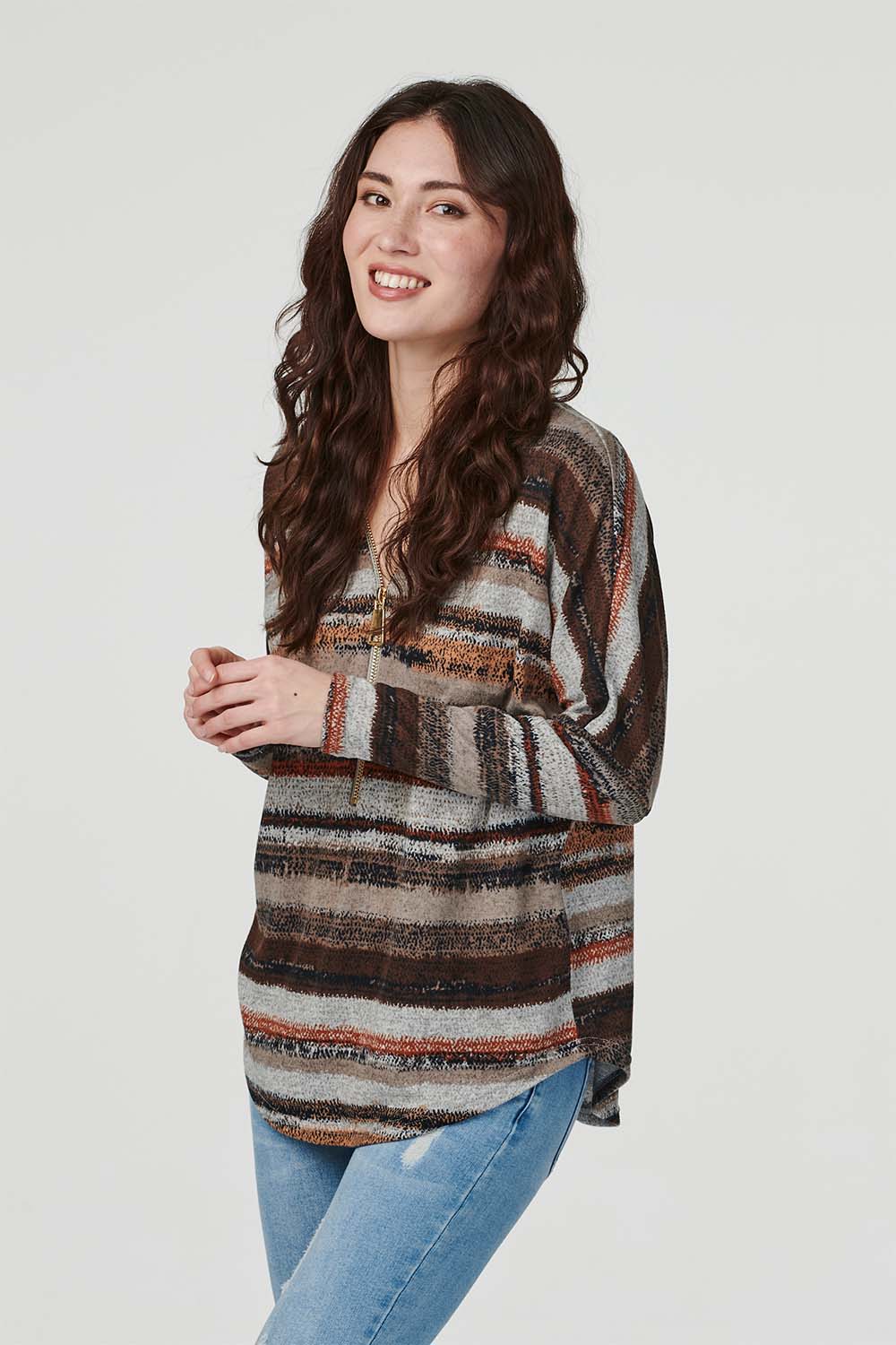 Brown | Striped Zip Front Jumper