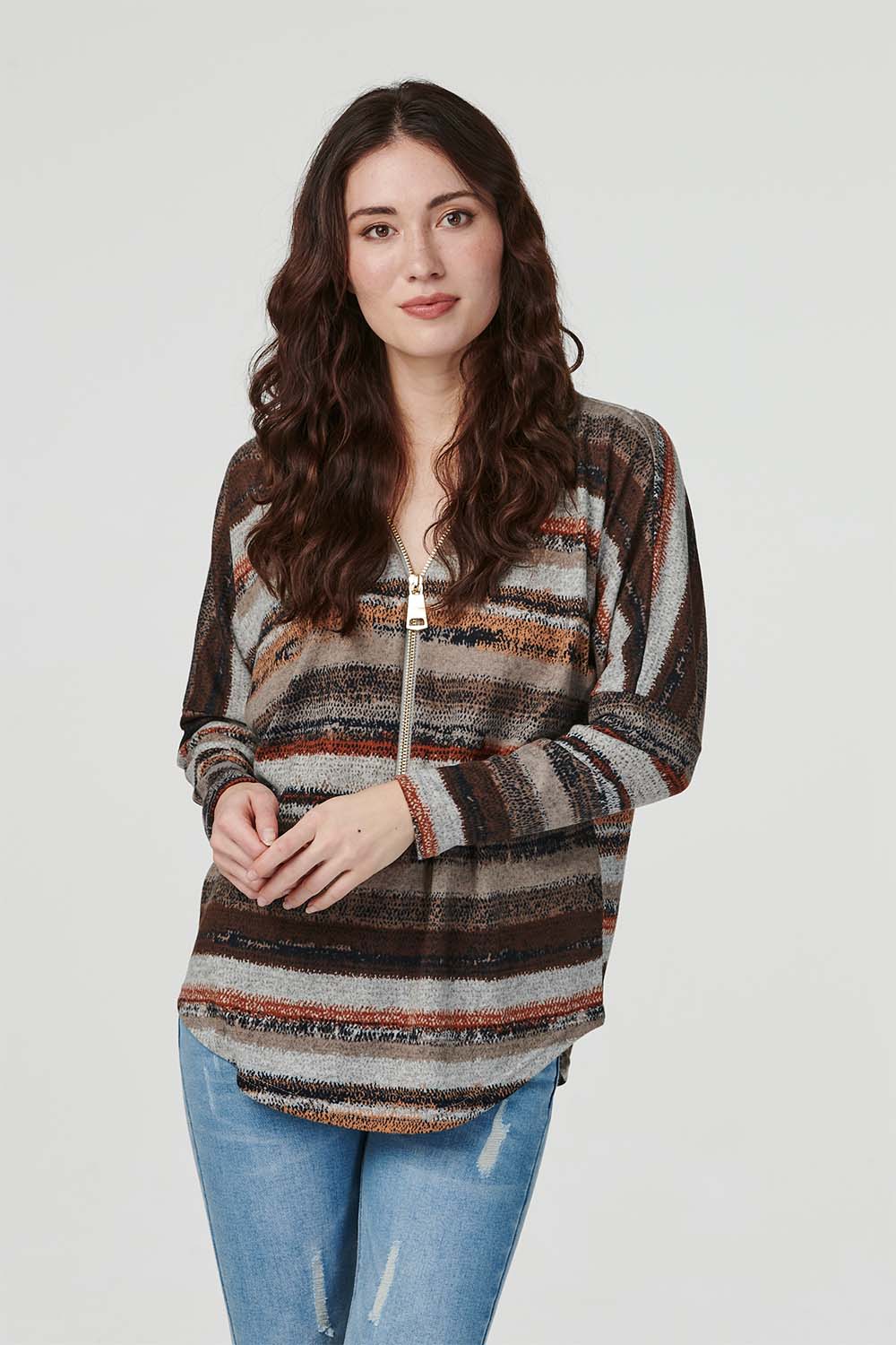 Brown | Striped Zip Front Jumper