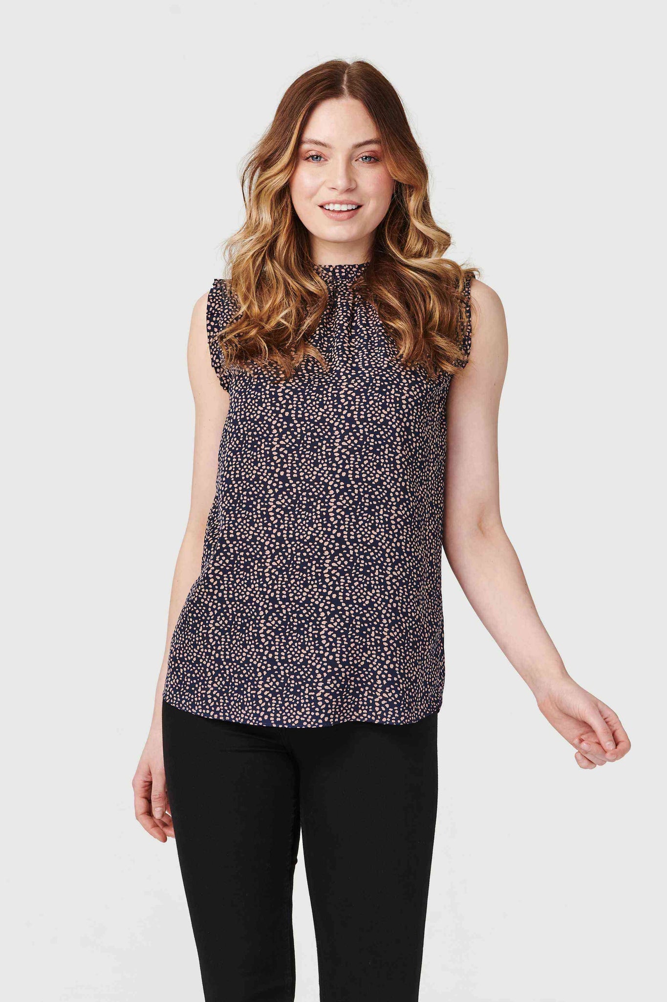 Navy | Polka Dot High Neck Vest Top