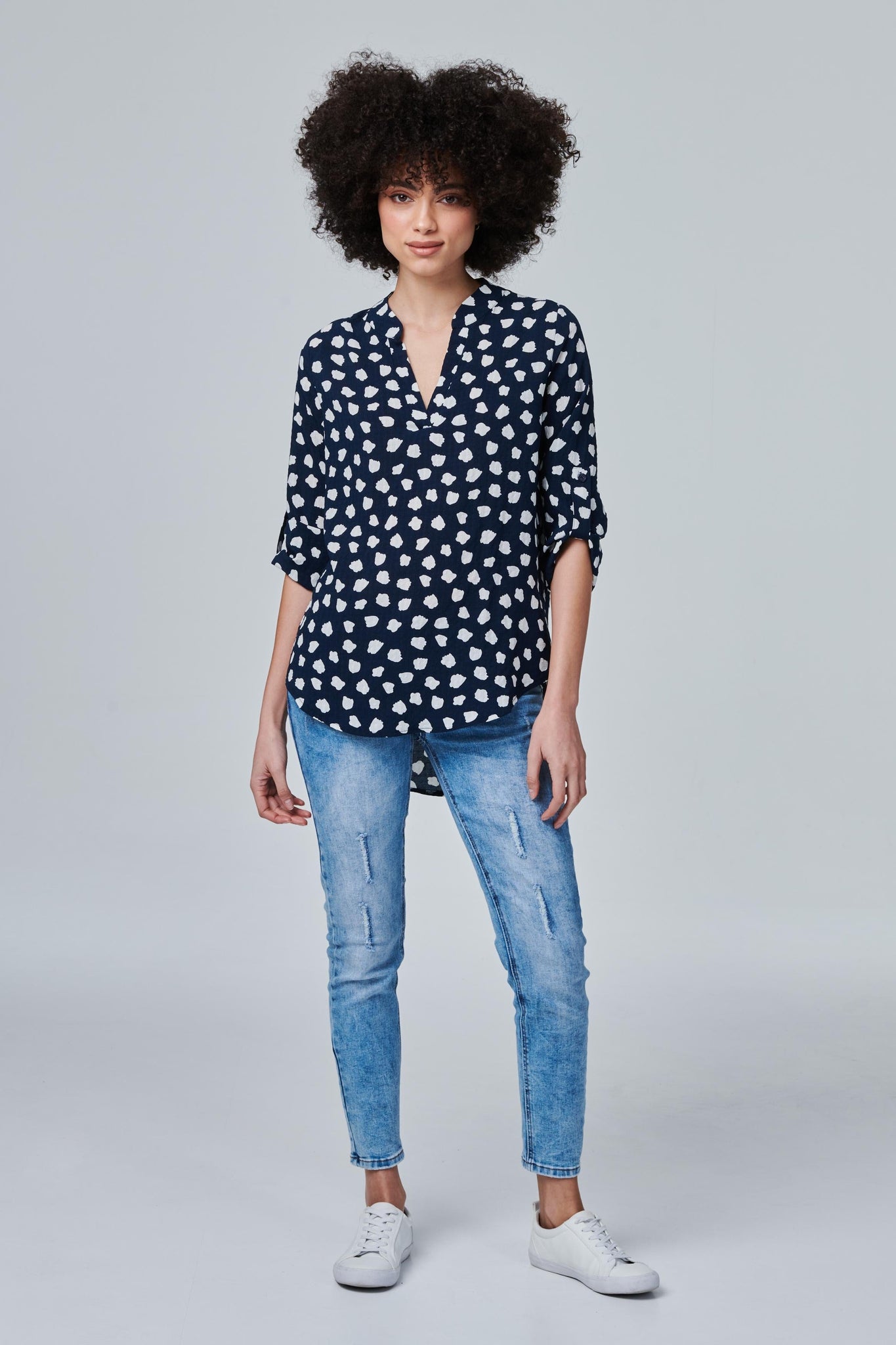 Navy | Printed Roll Sleeve Blouse