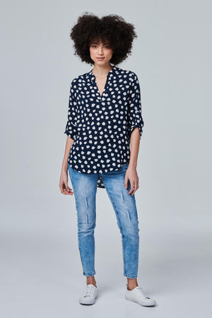 Navy | Printed Roll Sleeve Blouse