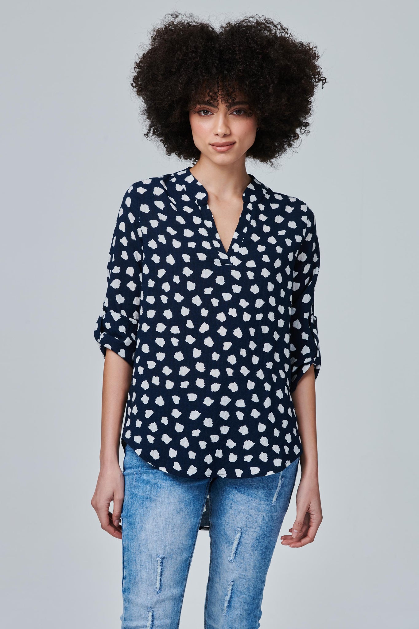 Navy | Printed Roll Sleeve Blouse
