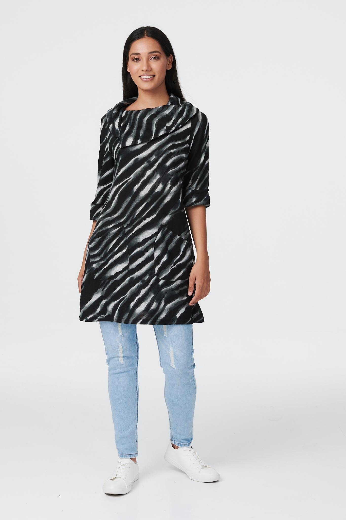 Grey | Zebra Print Longline Tunic Top