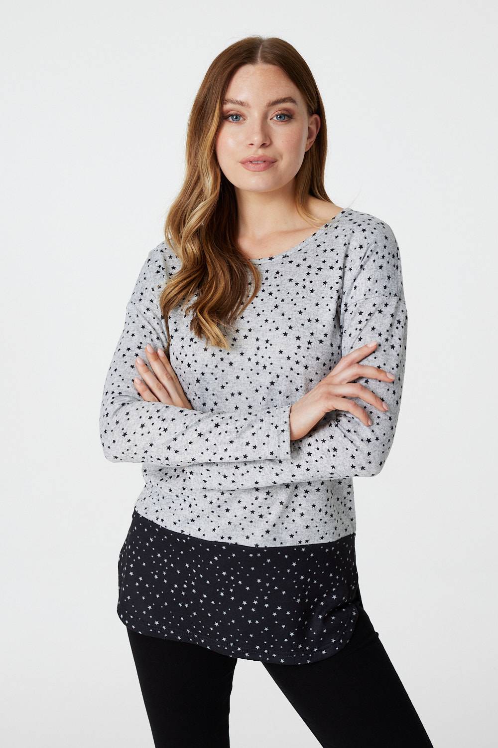 Grey | Star Print Long Sleeve Top