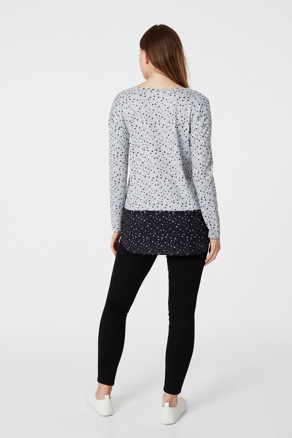 Grey | Star Print Long Sleeve Top