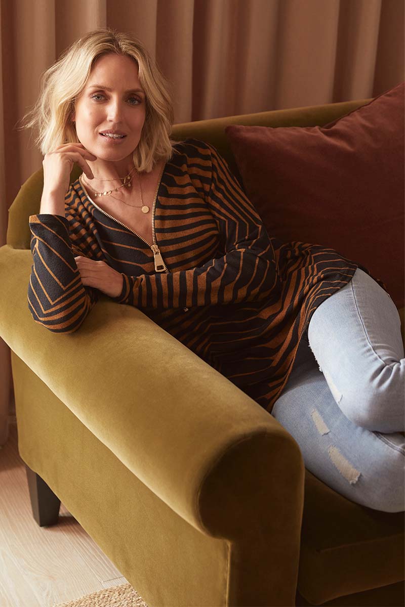 Brown | Striped Zip Front Oversized Jumper