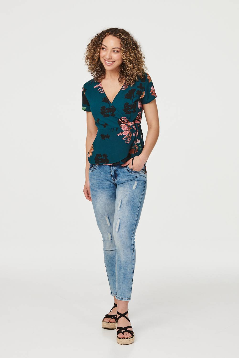 Green | Floral Wrap Front Short Sleeve Blouse