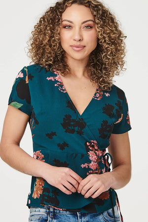 Green | Floral Wrap Front Short Sleeve Blouse