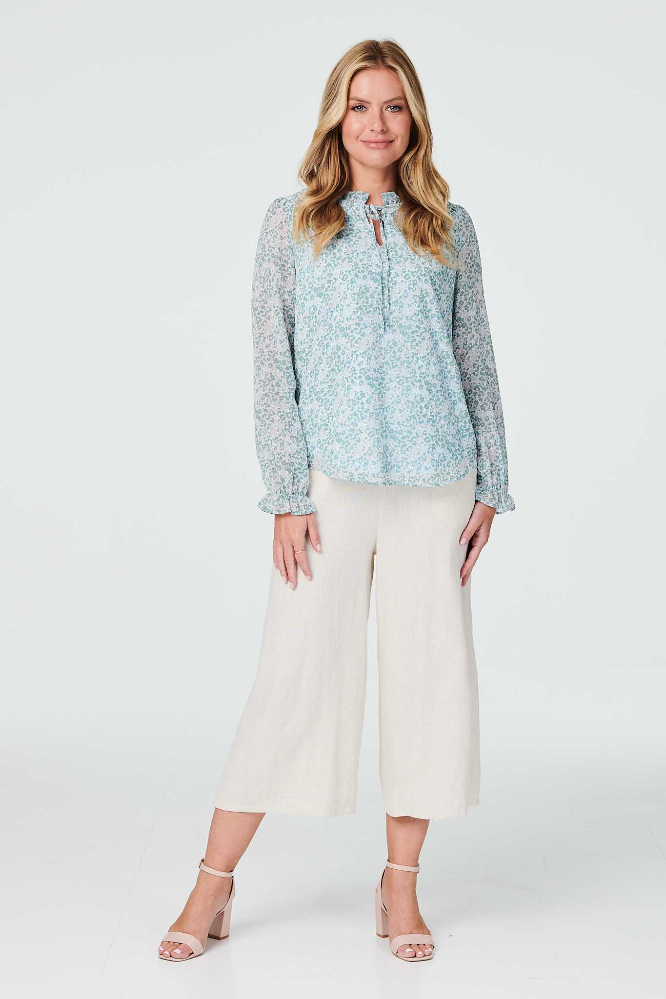 Green | Ditsy Tie Neck Long Sleeve Blouse