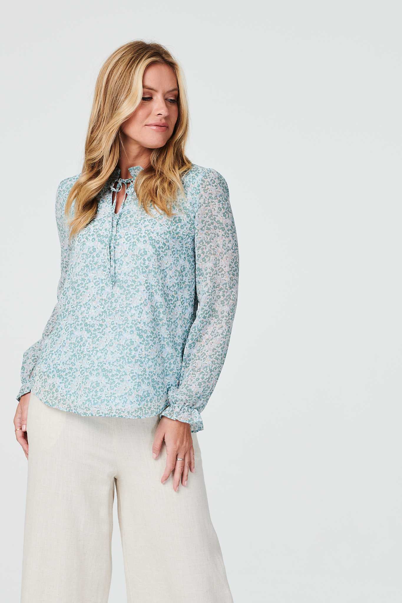 Green | Ditsy Tie Neck Long Sleeve Blouse