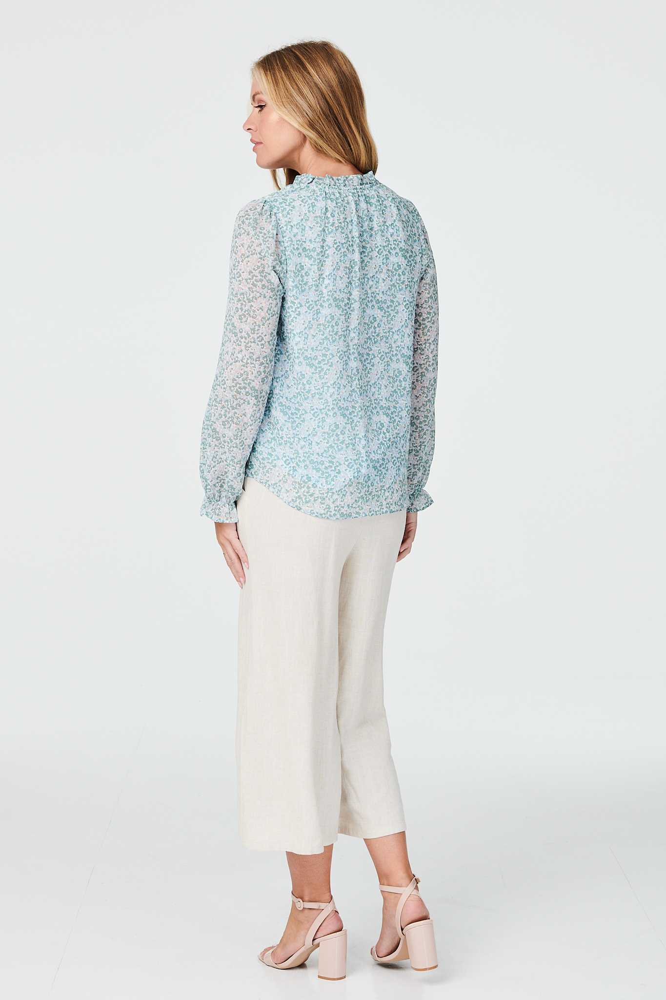 Green | Ditsy Tie Neck Long Sleeve Blouse