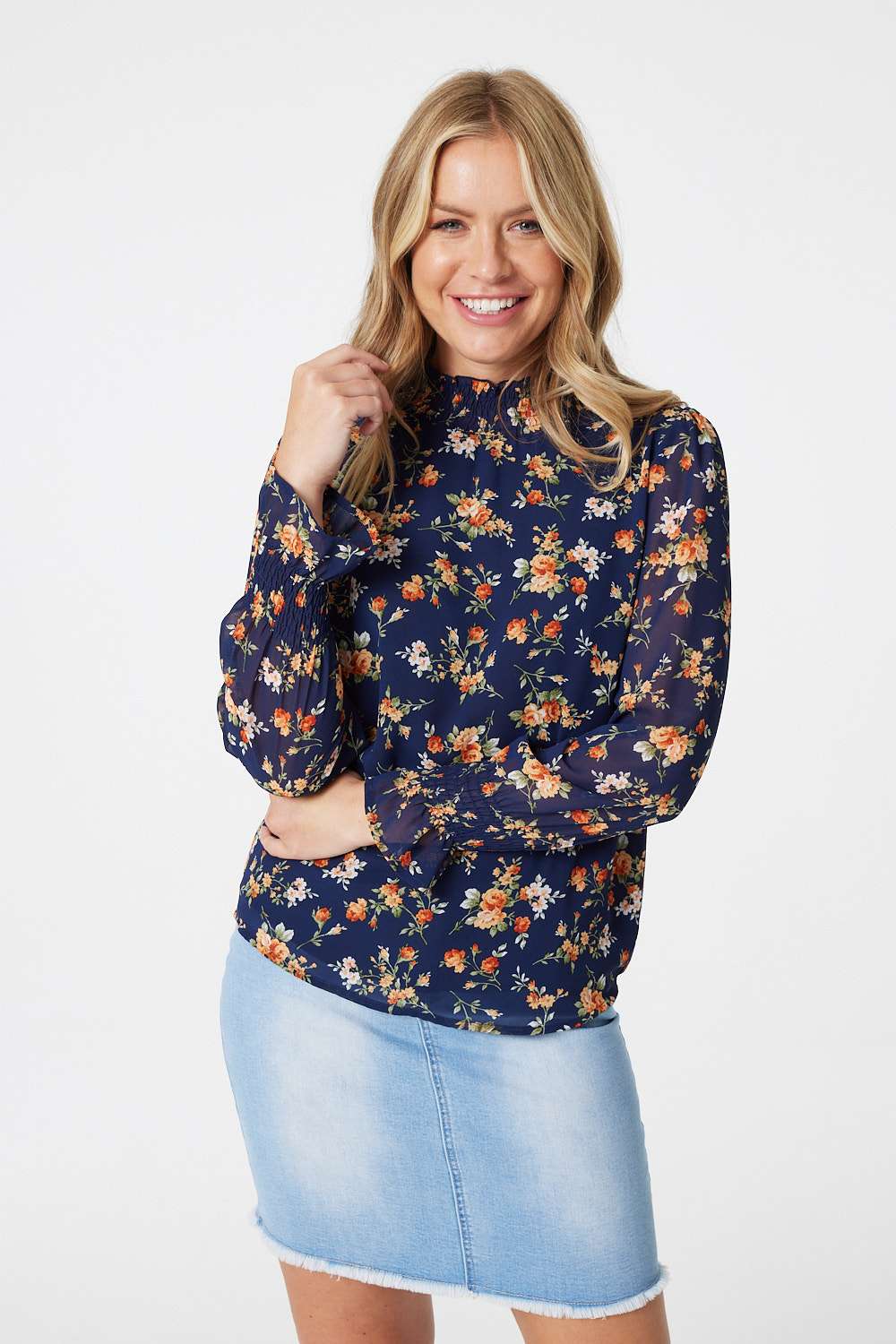 Navy | Floral Long Sleeve Chiffon Blouse