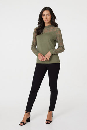 Sage | Lace Panel High Neck Top