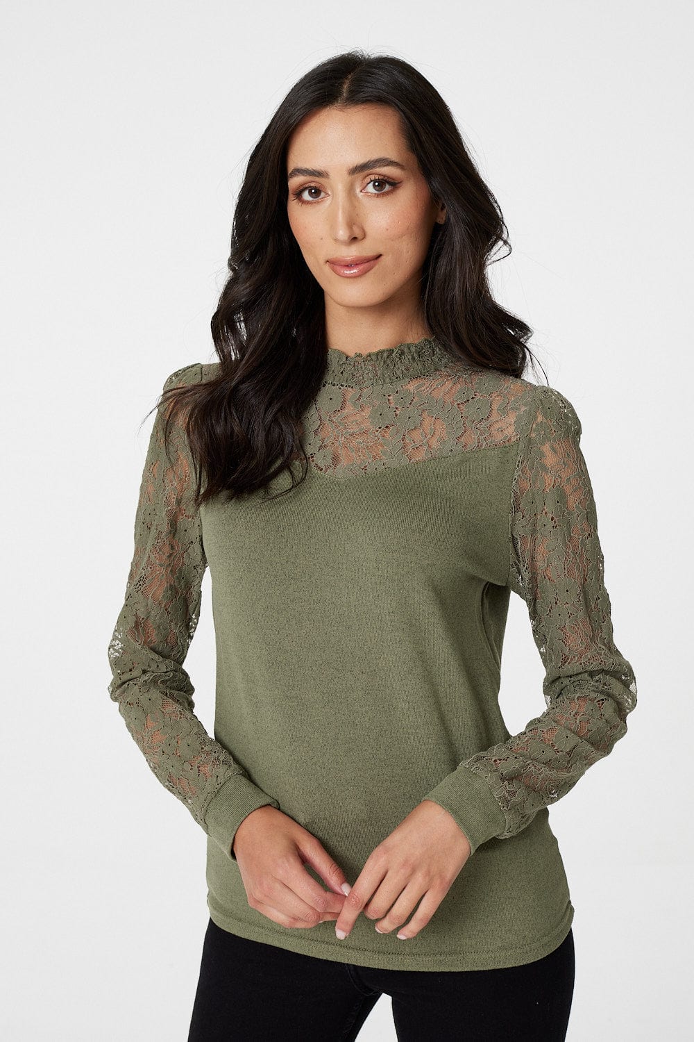 Sage | Lace Panel High Neck Top