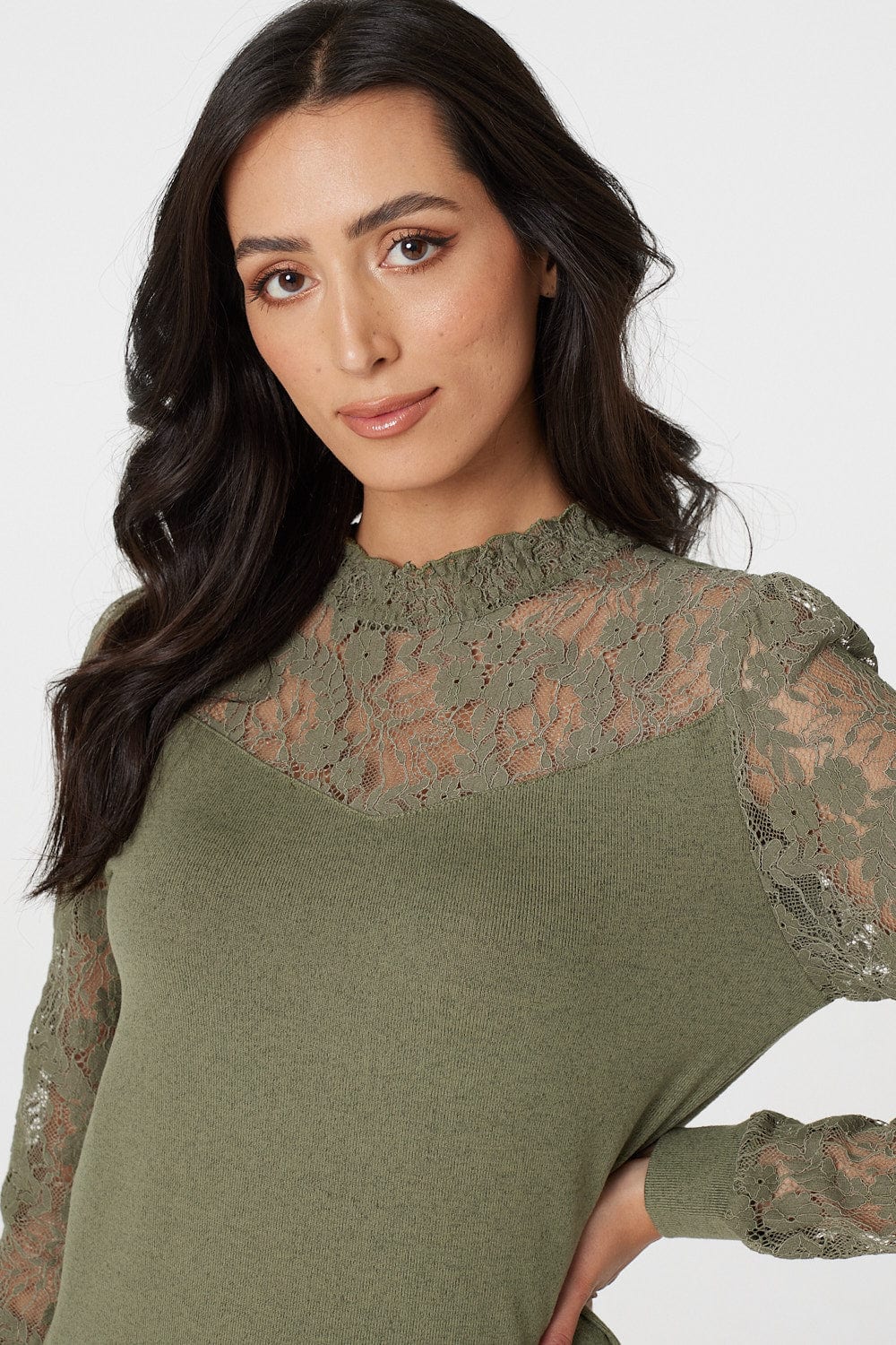 Sage | Lace Panel High Neck Top