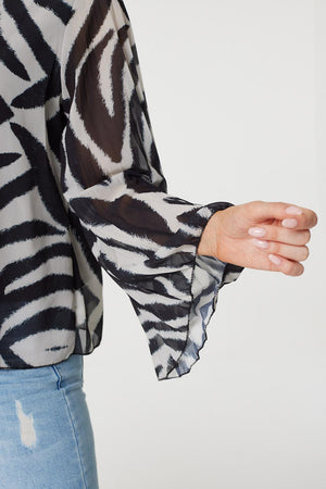Black | Zebra Print Sheer Sleeve Blouse