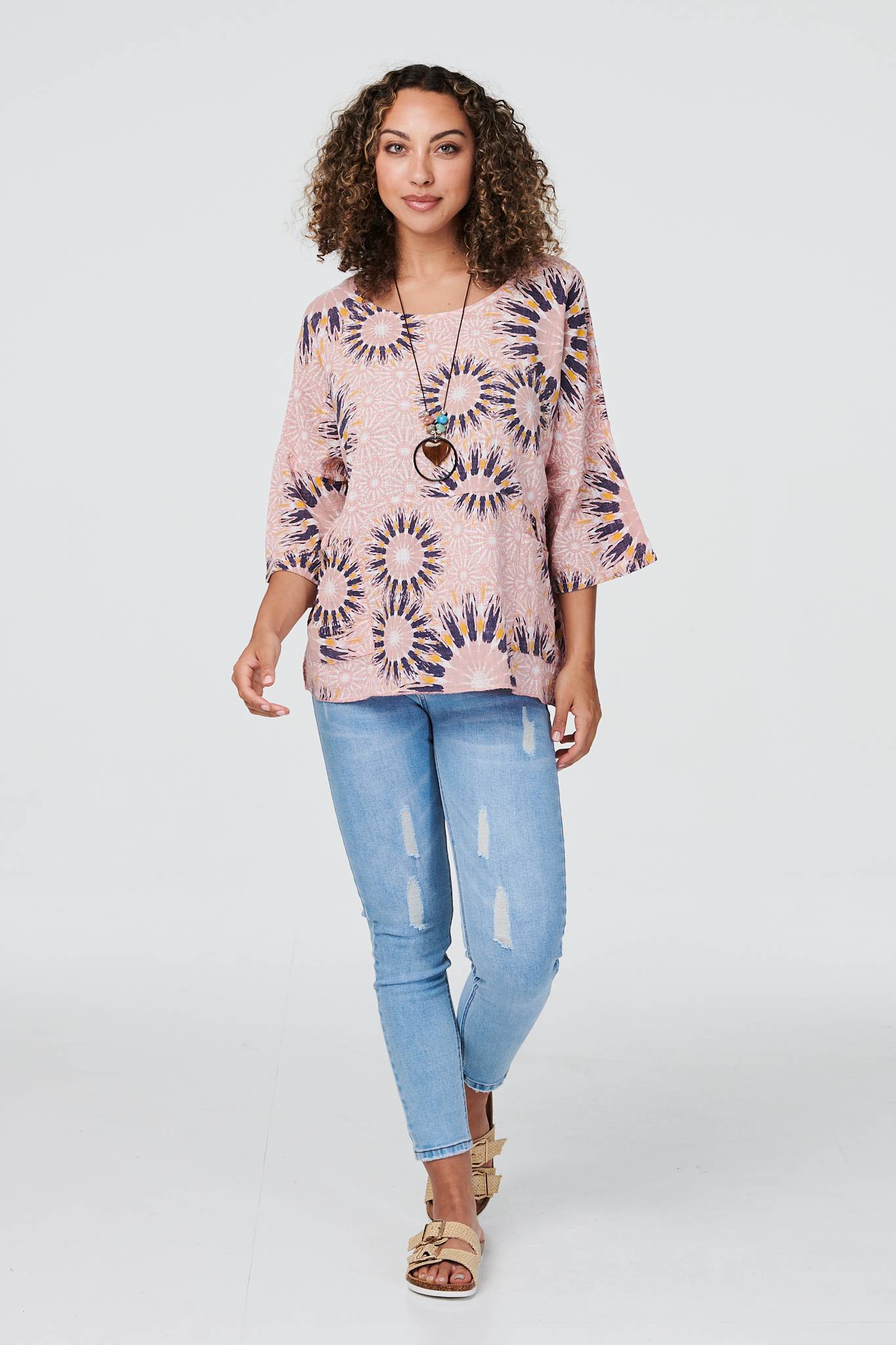 Pink | Floral Oversized Blouse with Necklace