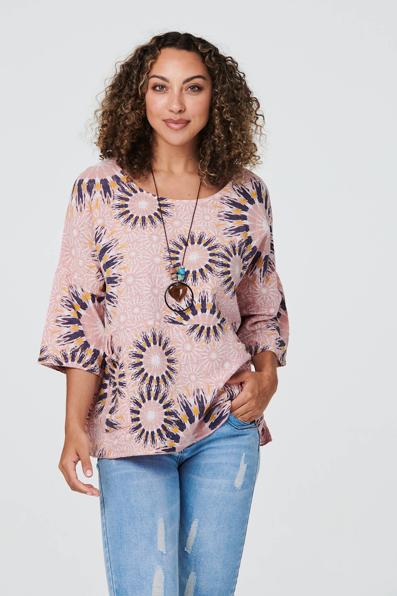 Pink | Floral Oversized Blouse with Necklace