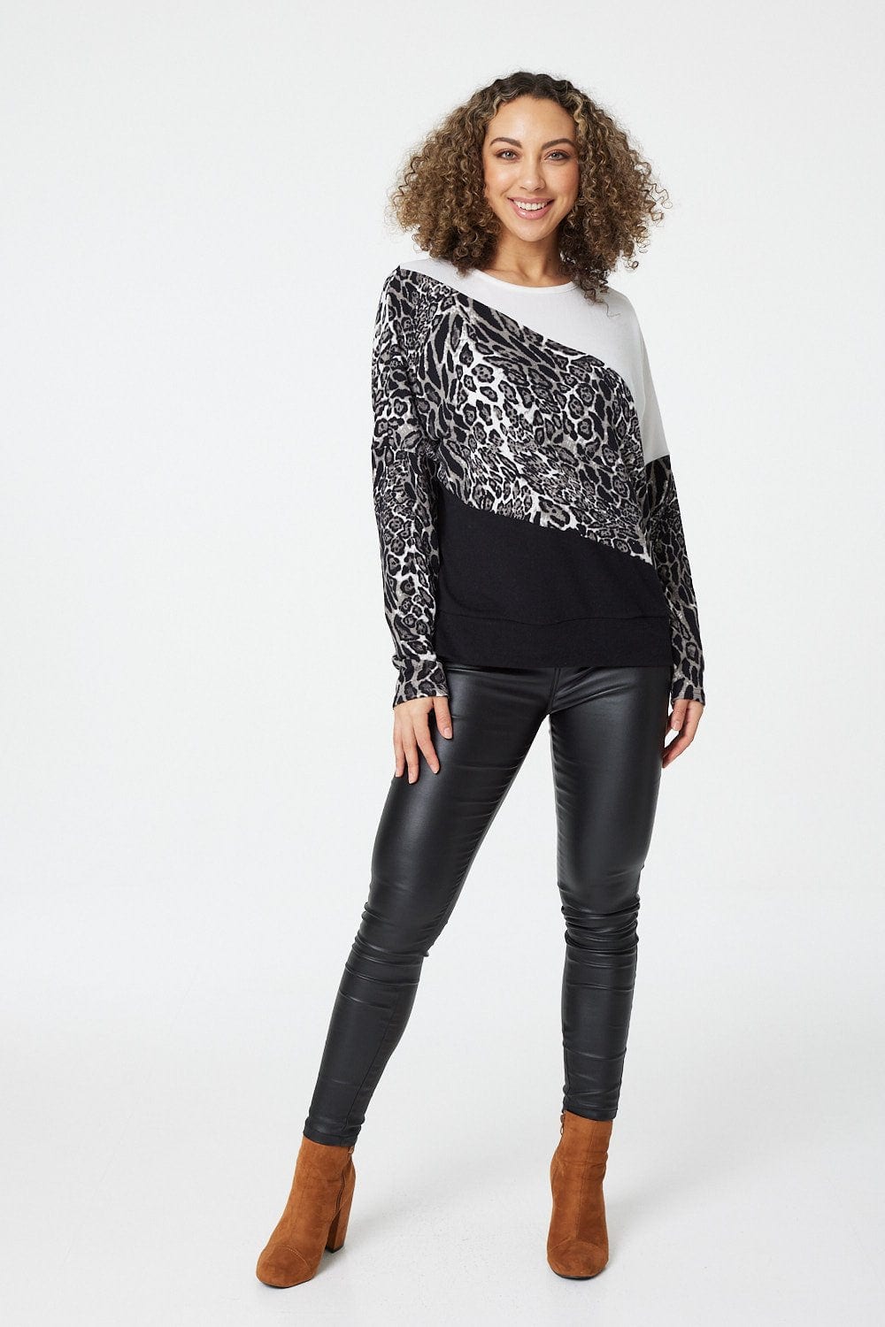 Grey | Colour Block Leopard Print Top