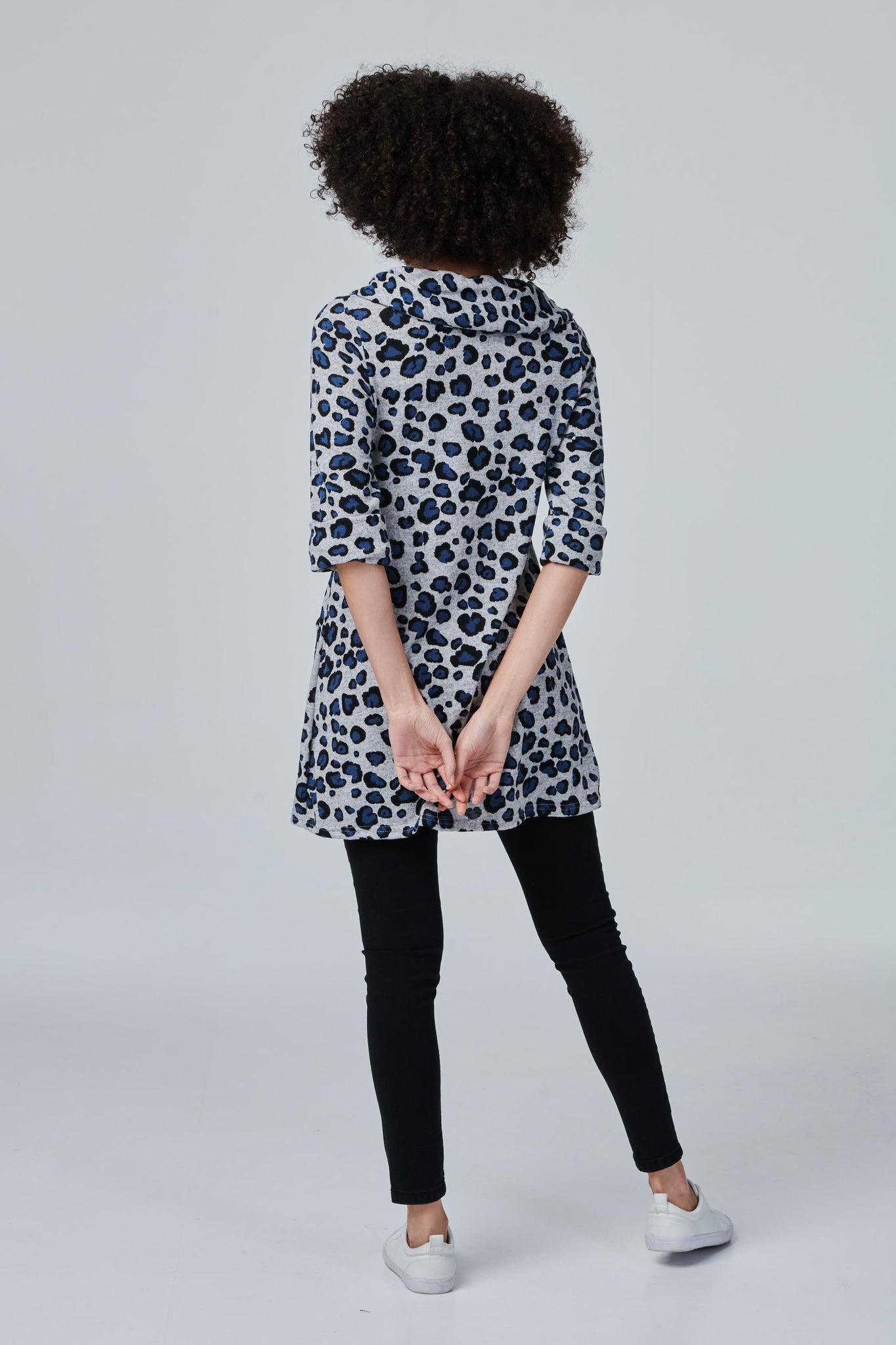Blue | Leopard Print Cowl Neck Tunic Top