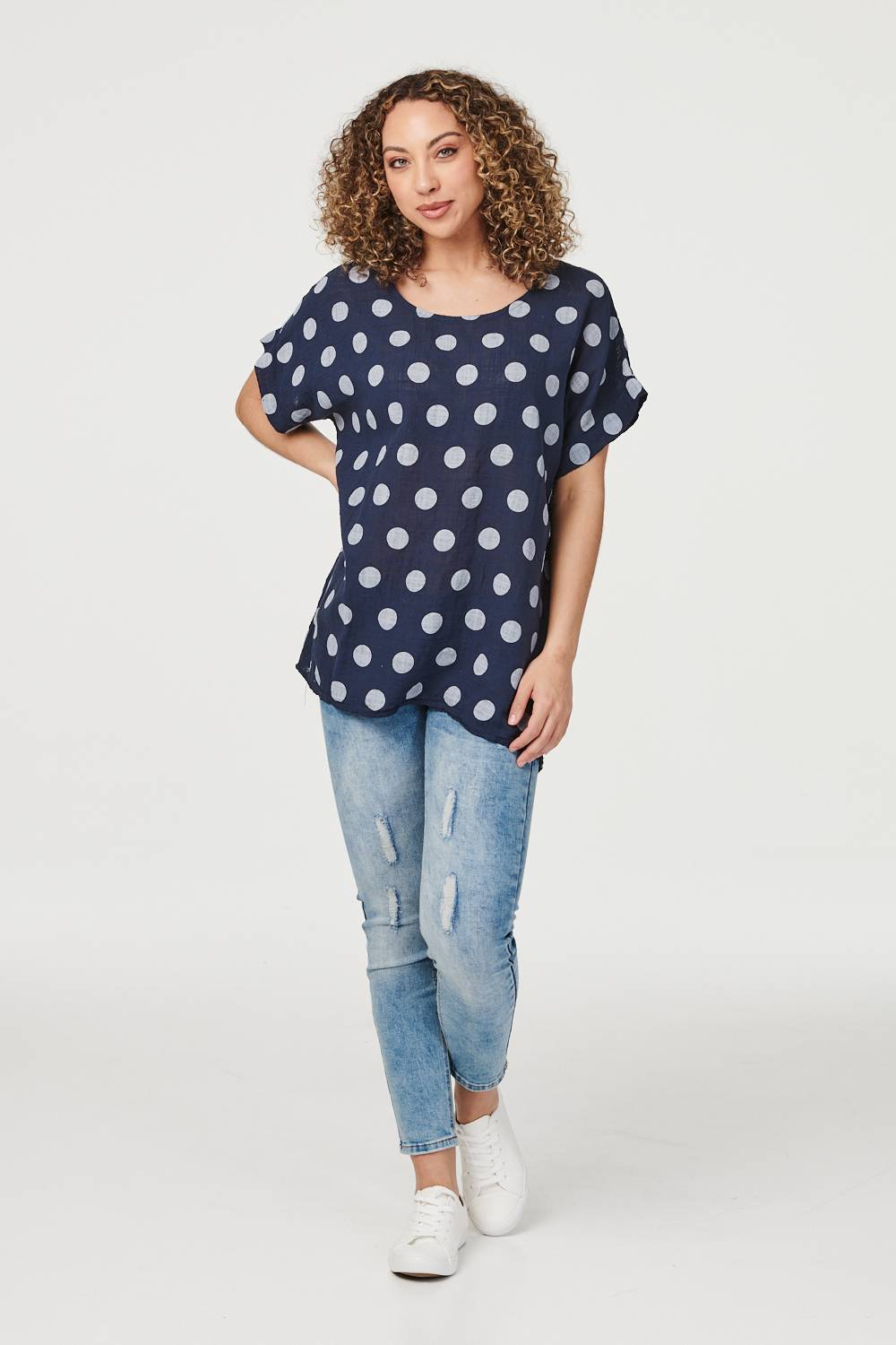 Navy | Polka Dot Batwing Sleeve Blouse