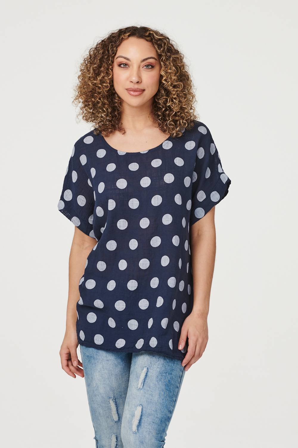Navy | Polka Dot Batwing Sleeve Blouse