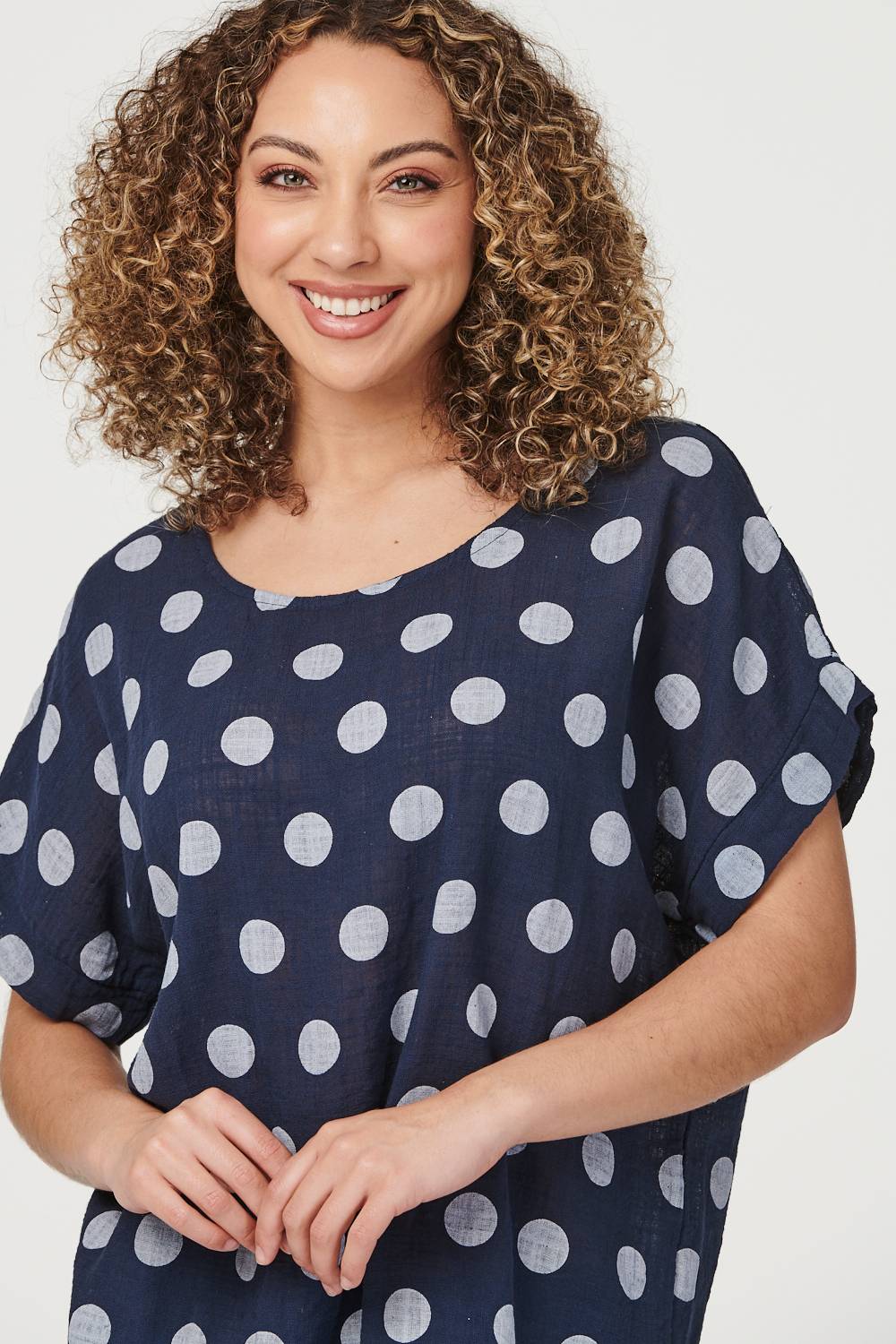 Navy | Polka Dot Batwing Sleeve Blouse