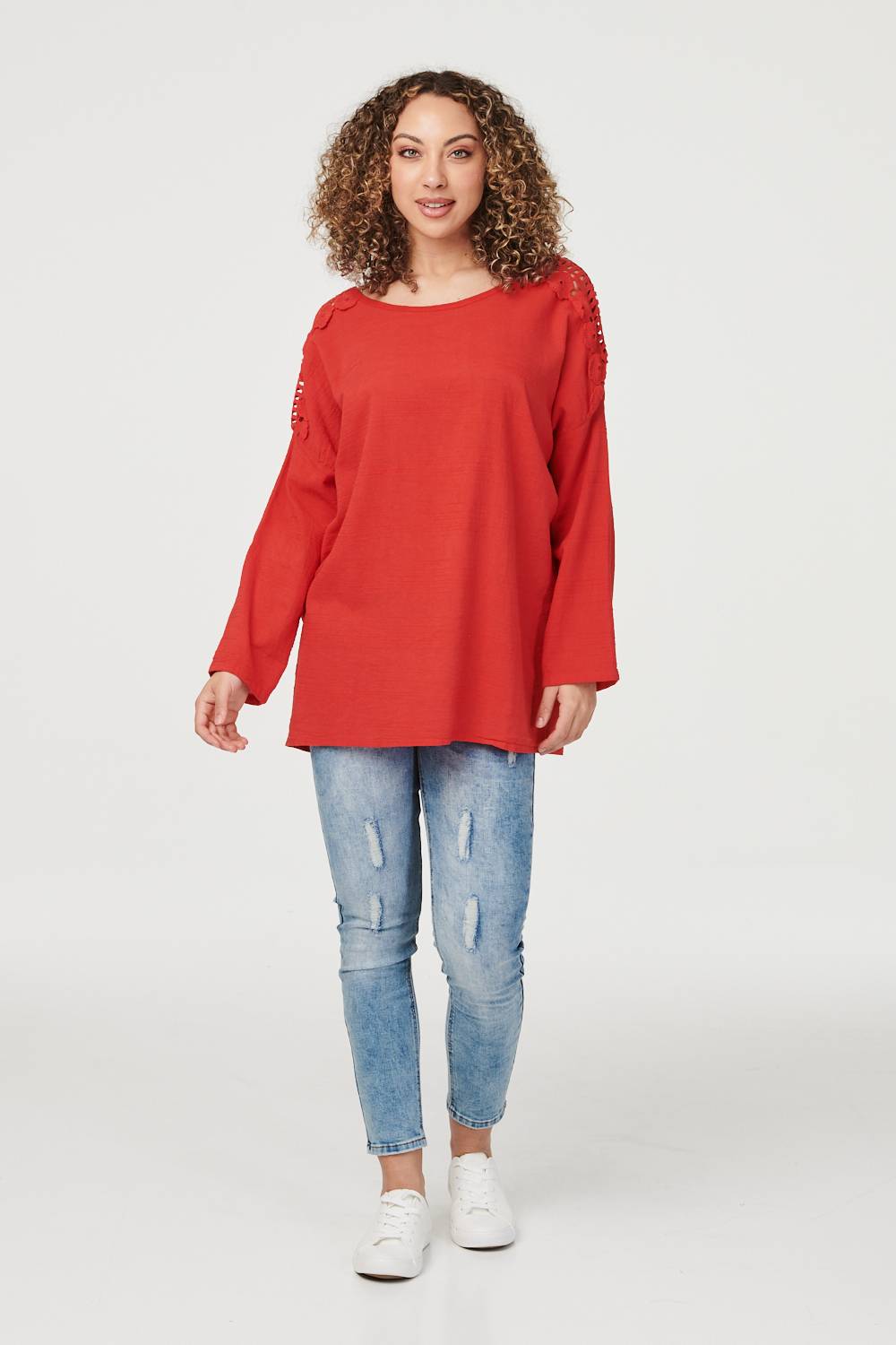 Red | Lace Shoulder Oversized Top