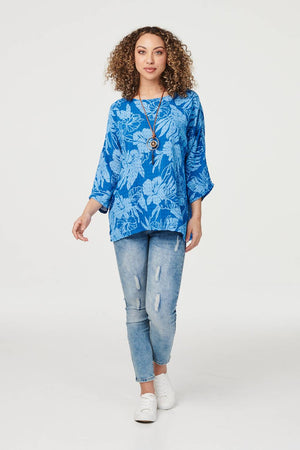 Blue | Floral Oversized 3/4 Sleeve Blouse