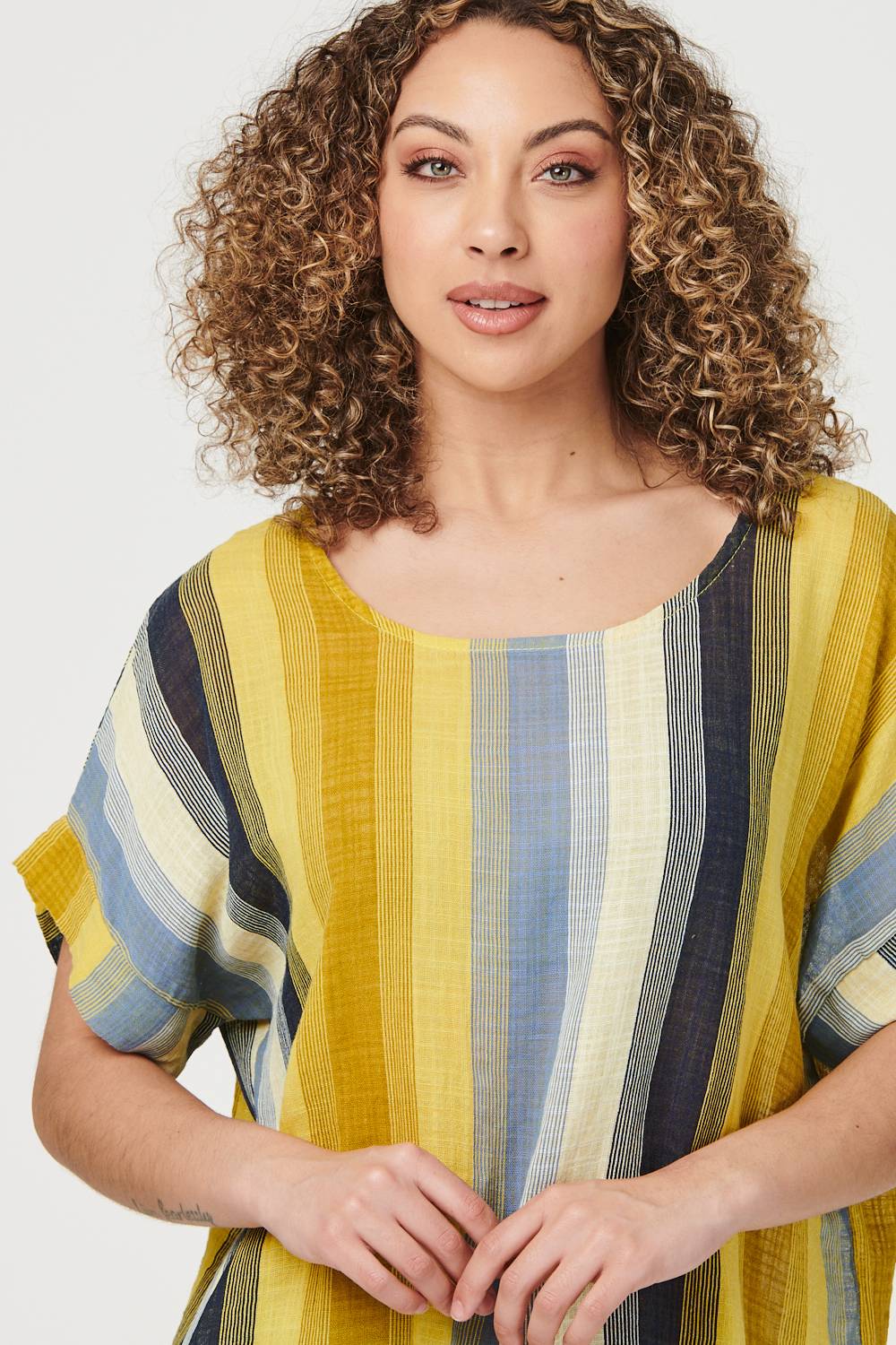 Mustard | Striped Short Sleeve Oversized Top
