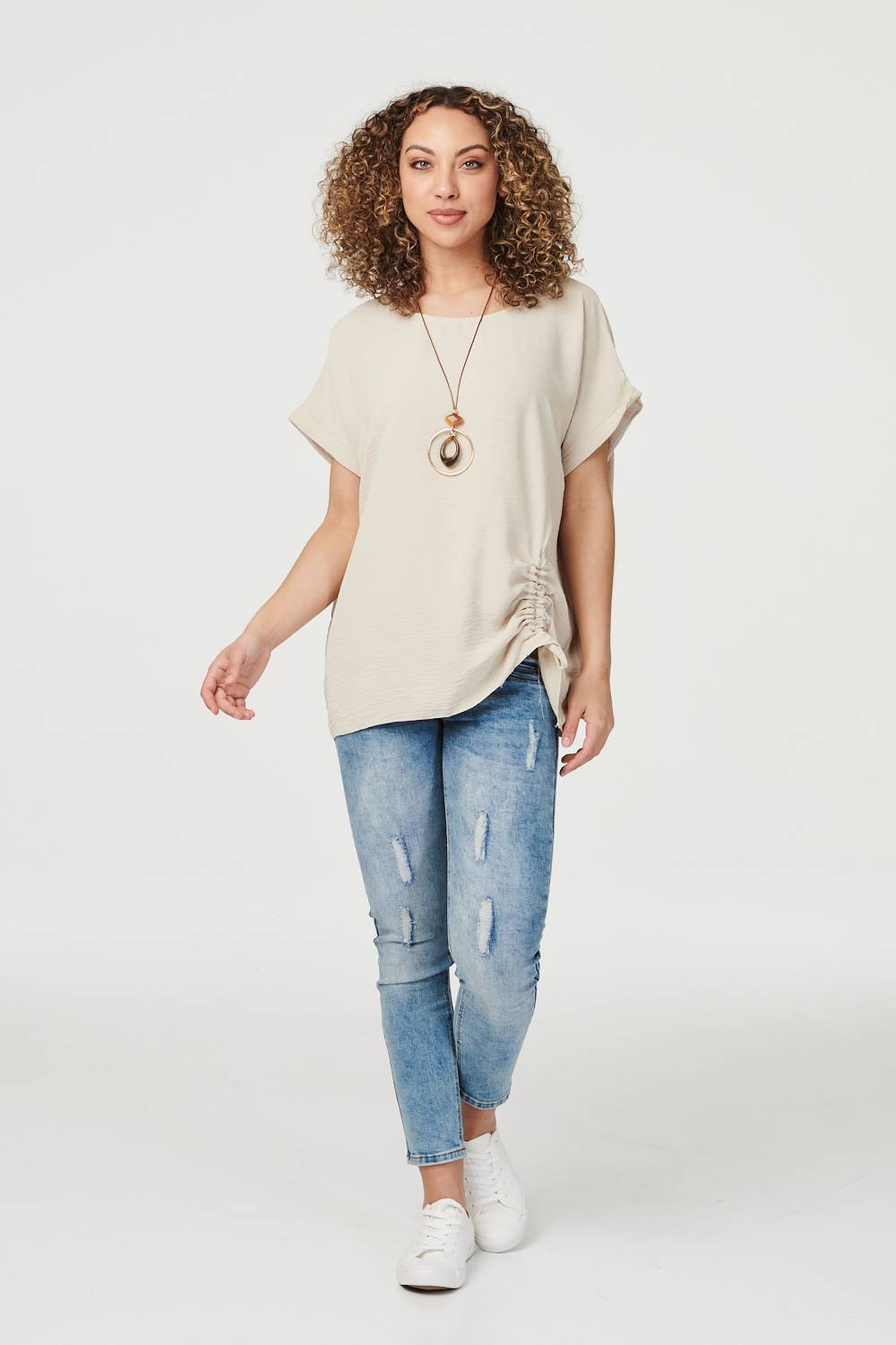 Beige | Ruched Hem Oversized Blouse