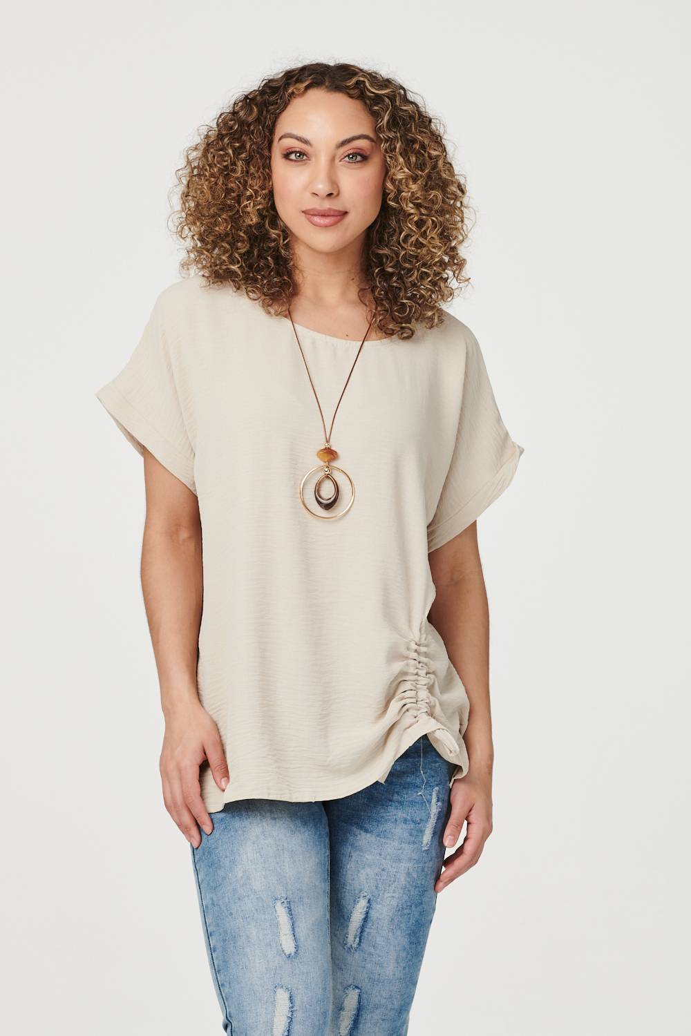 Beige | Ruched Hem Oversized Blouse