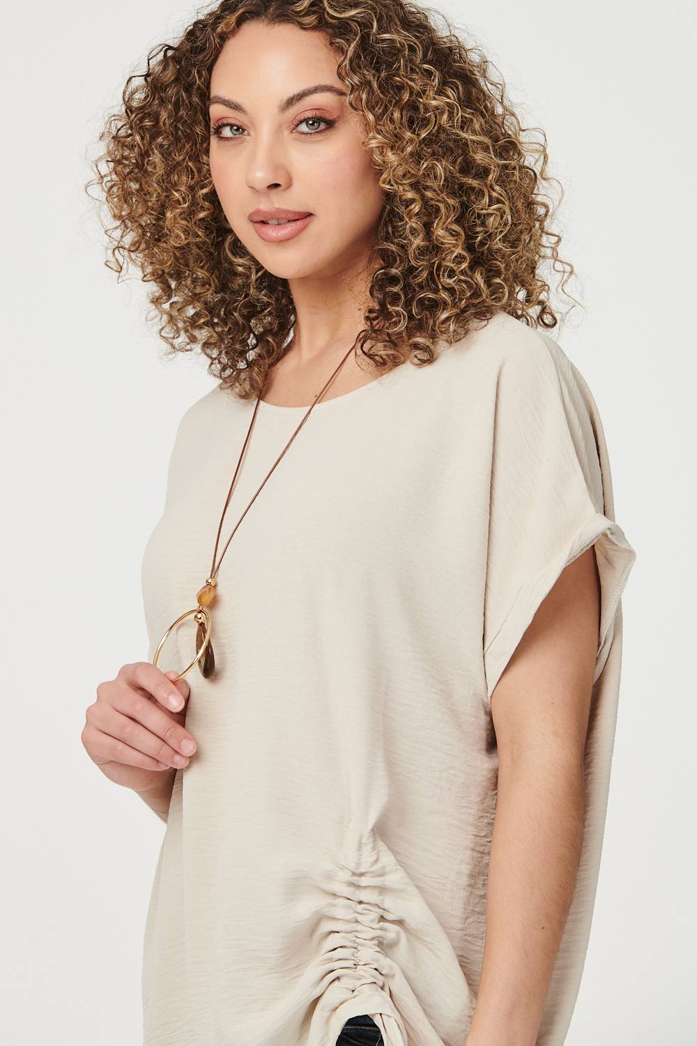 Beige | Ruched Hem Oversized Blouse