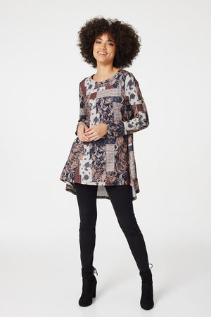 Beige | Floral Patchwork Print Swing Top