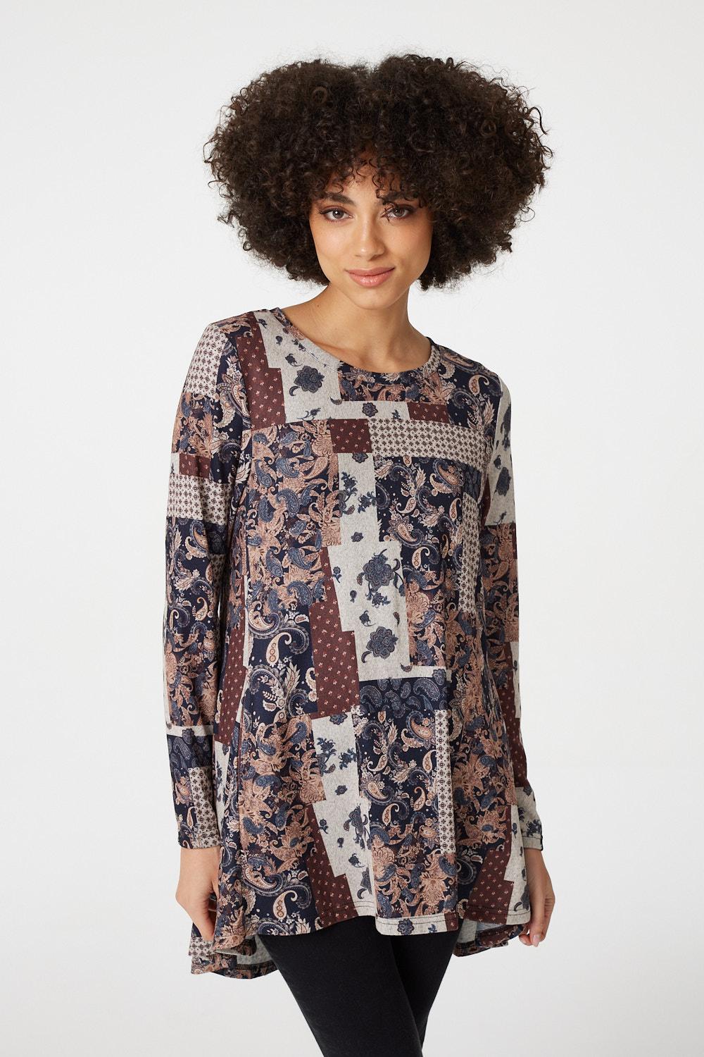Beige | Floral Patchwork Print Swing Top