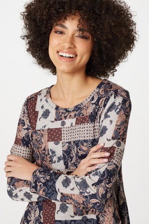 Beige | Floral Patchwork Print Swing Top