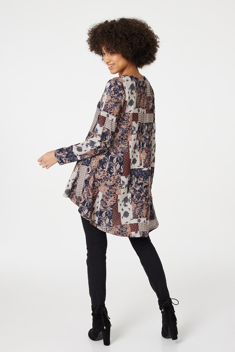Beige | Floral Patchwork Print Swing Top