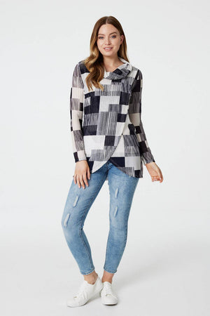 Navy | Printed Sheer Sleeve Wrap Front Top