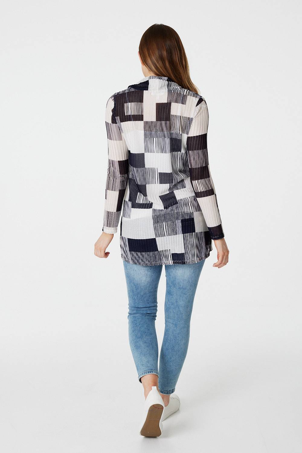 Navy | Printed Sheer Sleeve Wrap Front Top