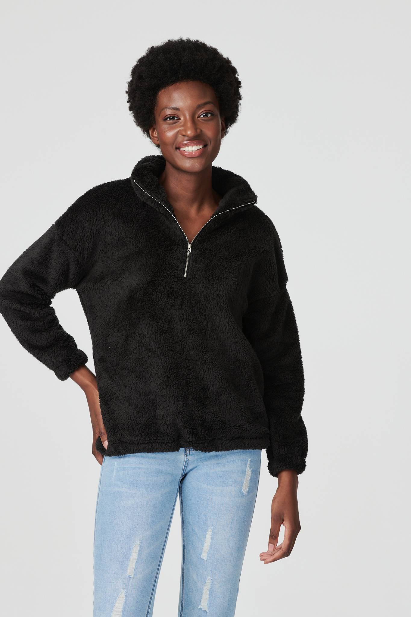 Black | Faux Fur 1/2 Zip Front Jumper